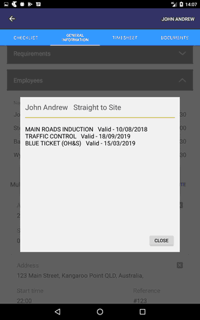 Tablet employee popup